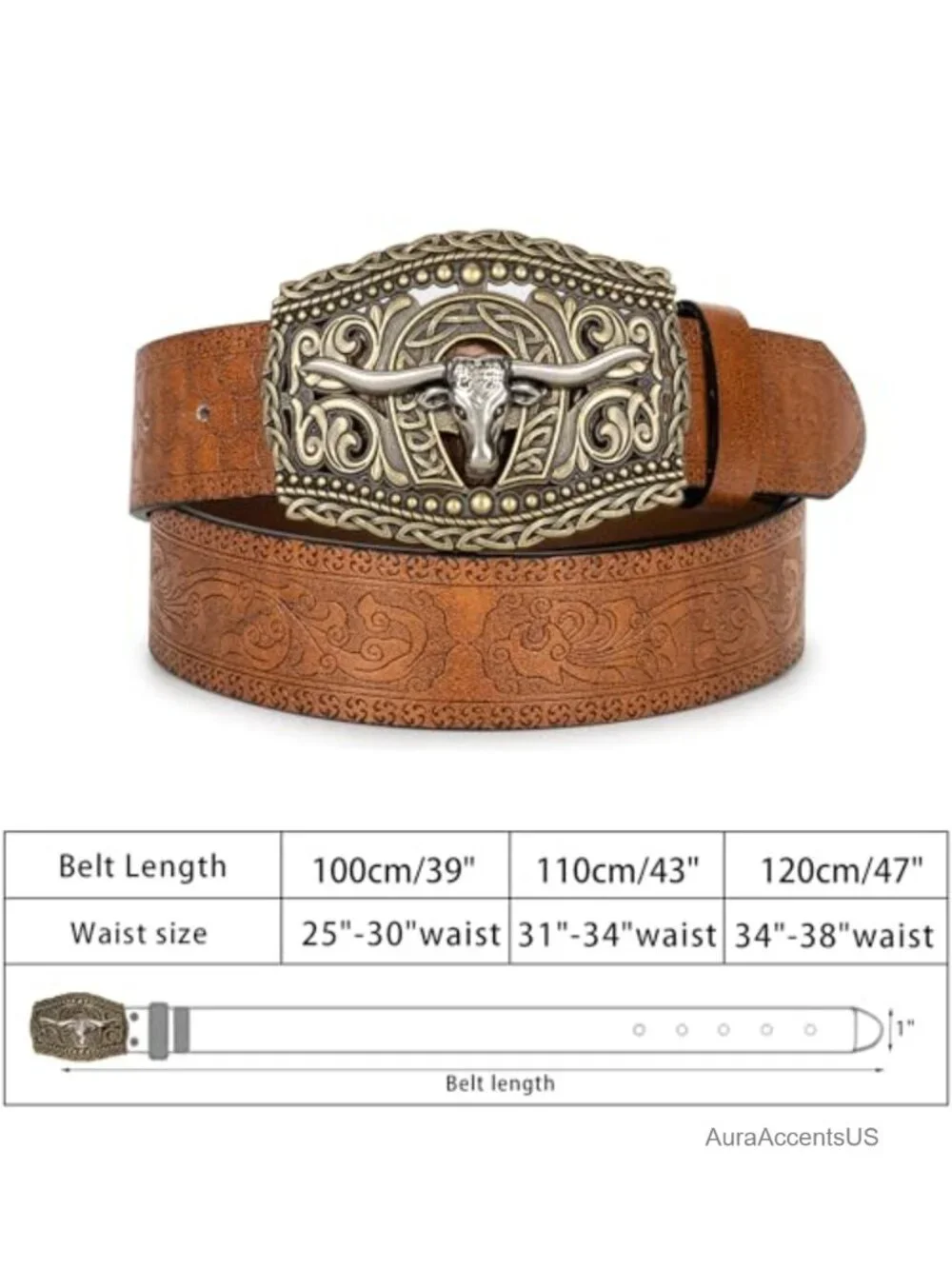 Western PU-Leather Cowboy Buckle Belt with Engraved Floral Longhorn Bull Buckle